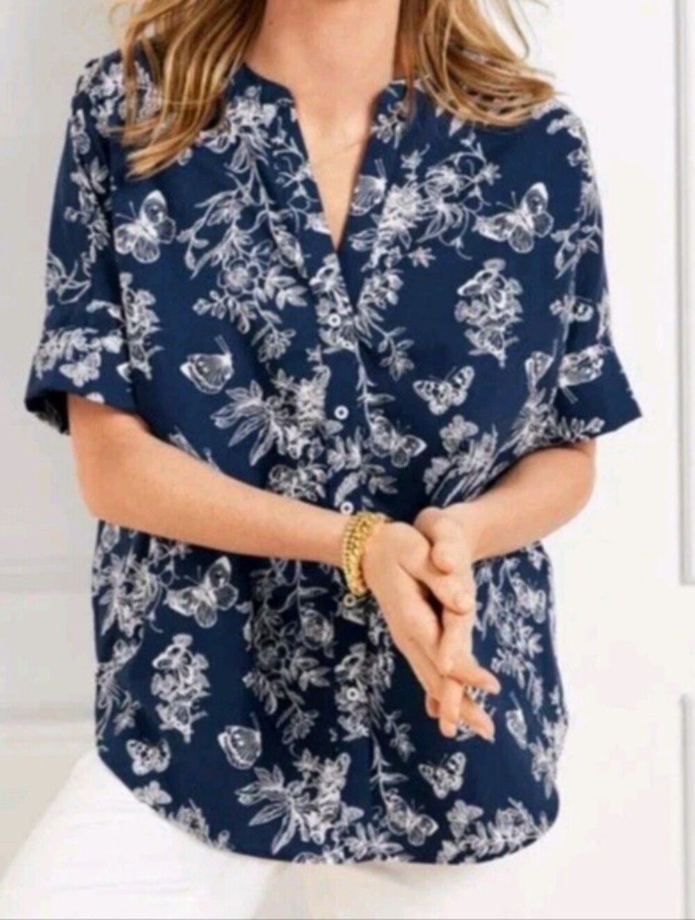 NOWT Talbots Navy Blue Cotton Butterfly Oversize Boxy Button Up Blouse Preppy MP